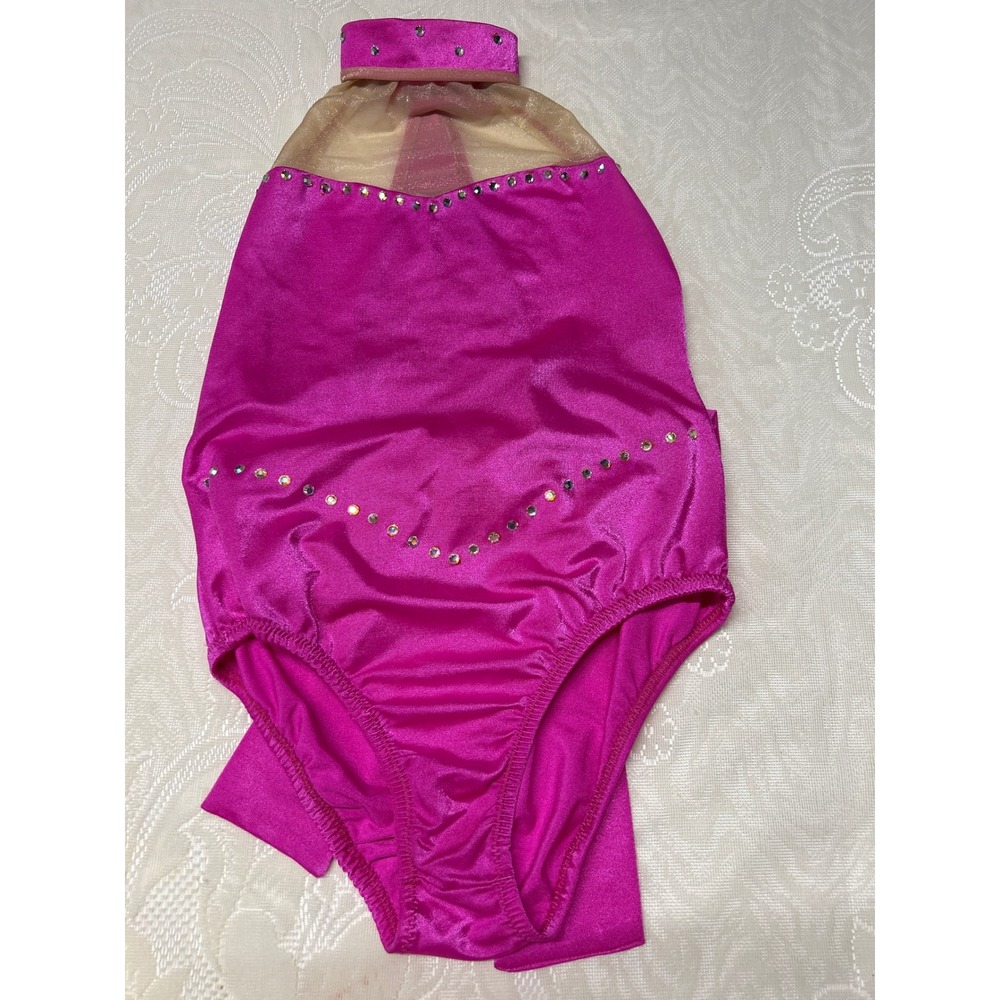 Y2K‎ Dance Gymnastics Twirl Leotard 90s Teen Girl Magenta Rhinestone Bow Pink